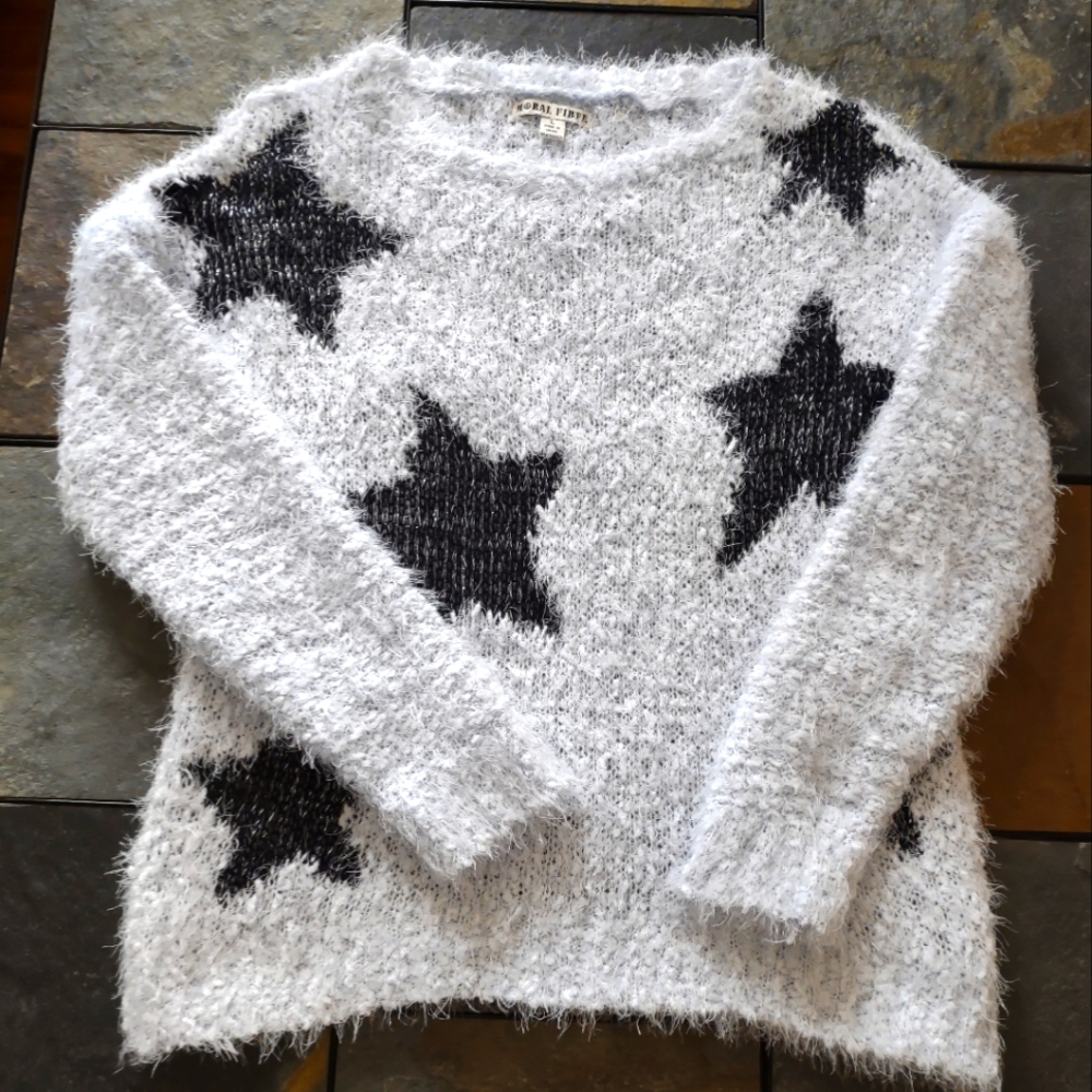 Moral Fiber Fuzzy Star Pattern Women's Sweater Black White Size Medium